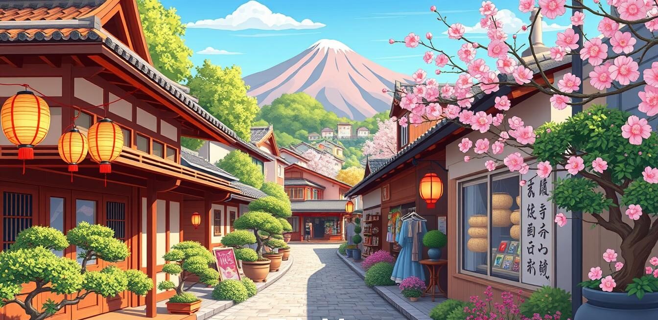 A colorful flat travel illustration of off-the-beaten-path destinations in Japan, showcasing a serene hidden alleyway in a quaint town. In the foreground, a charming traditional wooden teahouse with paper lanterns glowing softly, surrounded by lush bonsai trees. The middle layer features a tranquil cobblestone path winding through vibrant seasonal flowers, leading to unique shops displaying handmade crafts. In the background, gentle hills rise against a clear blue sky, dotted with cherry blossoms in full bloom. The atmosphere is inviting and peaceful, capturing the essence of Japan's hidden urban escapes. Bright, sunny energy radiates throughout the scene. Lens perspective from eye-level, with a focus on depth. Include the brand name "TripMuse by TripMerge" within the illustration.