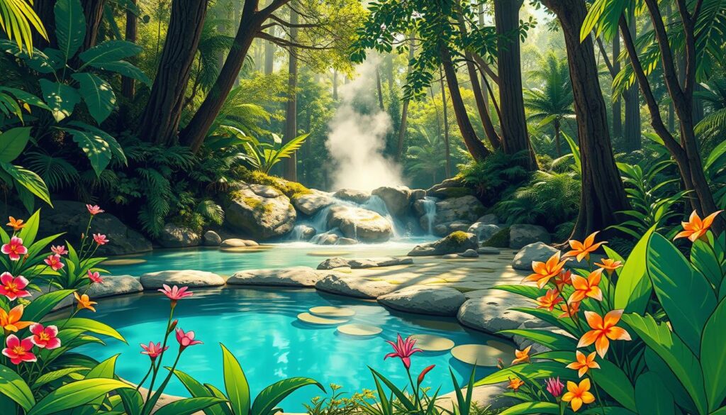 A serene natural setting showcasing healing thermal waters nestled within a lush green forest. In the foreground, vibrant tropical plants and flowers bloom around one of the crystal-clear thermal pools, inviting and warm. In the middle ground, gently steaming water flows from a rocky outcrop, surrounded by moss-covered stones. In the background, tall trees with dappled sunlight filtering through their leaf canopy create an atmosphere of tranquility and rejuvenation. The scene should be depicted in a flat bold cartoon outlined travel style, emphasizing tropical colors, without shadows or gradients. The mood is peaceful and revitalizing, evoking a sense of wellness and connection to nature.