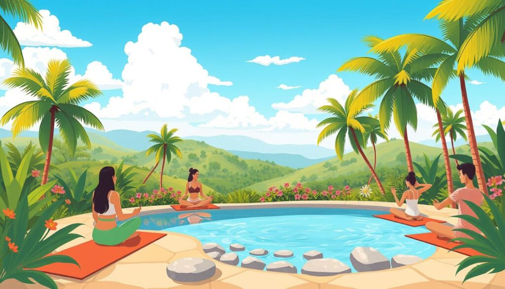 A serene wellness retreat setting depicted in a flat bold cartoon outlined style, showcasing a tranquil tropical landscape. In the foreground, a small group of diverse individuals in modest casual clothing engages in mindfulness activities such as meditation and gentle stretching on yoga mats. The middle ground features lush palm trees, vibrant flowers, and a sparkling natural pool surrounded by smooth stones, inviting relaxation. In the background, softly rolling hills meet a clear blue sky, with fluffy white clouds drifting lazily above. The scene is bathed in warm, inviting tropical colors, evoking a sense of peace and rejuvenation. The lighting is bright and cheerful, creating an uplifting atmosphere, ideal for wellness travel beyond typical yoga experiences.