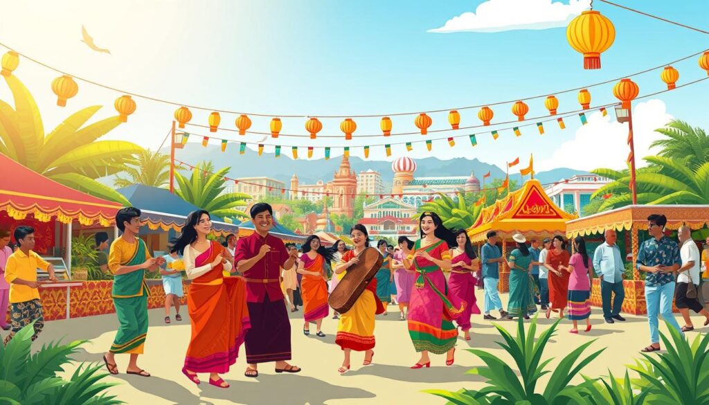 A vibrant cultural festival celebration featuring diverse participants in traditional attire, joyfully engaging in various activities. In the foreground, a group of men and women, dressed in colorful, modest cultural clothing, dance happily with decorative hand-made instruments. The middle ground showcases beautifully adorned stalls with local crafts and festive decorations, surrounded by lush tropical flora. The background depicts a festive cityscape, with flags and lanterns waving in a gentle breeze under a clear blue sky. The lighting is bright and cheerful, highlighting the vivid colors of the scene. Capture the warmth, joy, and unity of this iconic festival, emphasizing the essence of cultural heritage and community festivities without shadows or gradients, and in a flat, bold cartoon outlined travel style.