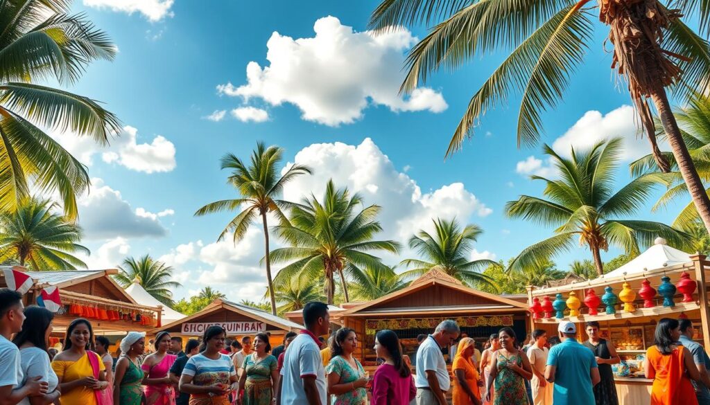 A vibrant outdoor festival scene celebrating authentic cultural traditions. In the foreground, groups of people dressed in colorful, modest traditional attire, smiling and engaging in lively conversations. The middle ground showcases wooden festival stalls adorned with handmade crafts and delicious food options, inviting visitors to explore. In the background, lush tropical trees frame the scene under a bright blue sky with fluffy white clouds, creating a cheerful atmosphere. Soft, warm lighting simulates a sunny day, highlighting the vivid colors of the clothing and decorations. The composition captures the spirit of unity and joy found in global festival celebrations, inviting viewers to experience the richness of diverse cultures.