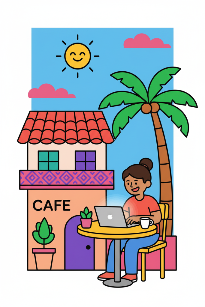 A flat vector illustration of a digital nomad working on a laptop in a Spanish city, with colorful buildings and a palm tree in the background.